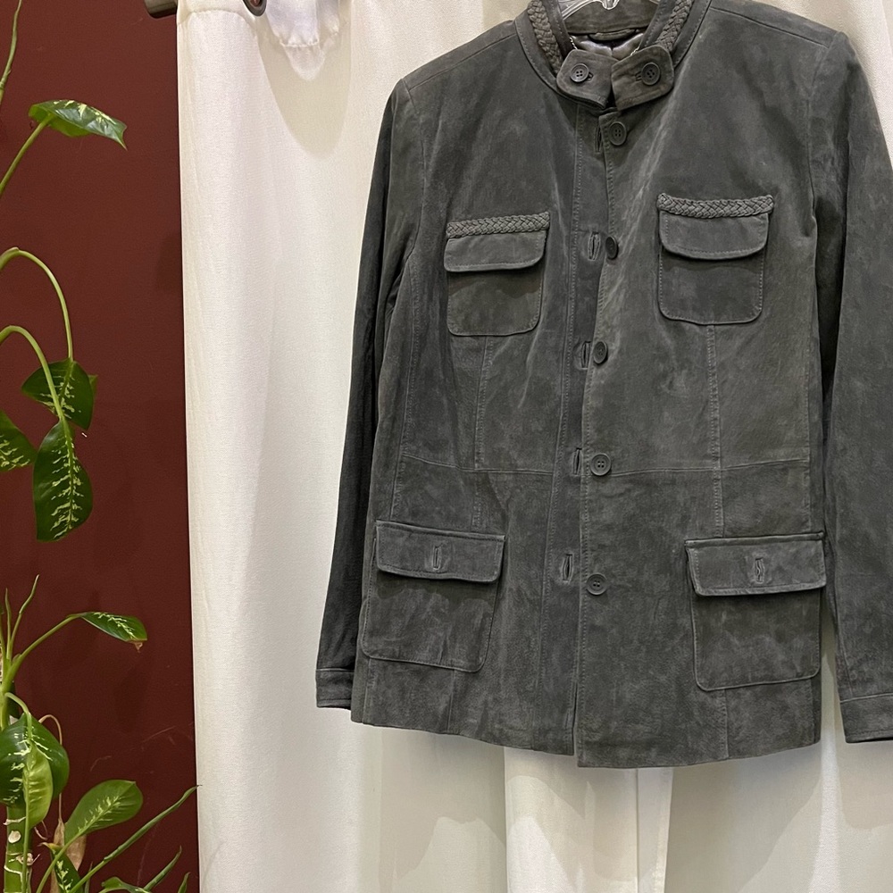 Dennis Basso Women Large Genuine Suede Leather Jacket Gray Button Down